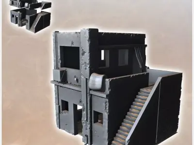 Modern flat-roofed desert building with side stairs and door cur 3D print model