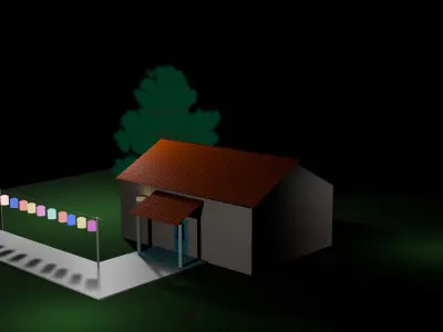  Night Village House 3D Model with Lanterns Tree Moonlight Low-poly 3D model