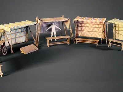 Medieval market stalls Low-poly 3D model