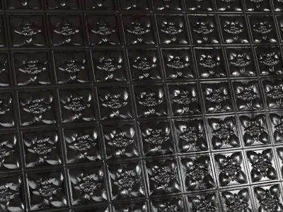 Victorian Embossed Glossy Black Floral Tiles PBR Seamless Texture