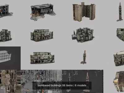 bombared buldings 06 items 3D Model Pack