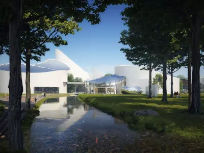 Futuristic Lakeside Cultural Center with Organic Landscape 3D model