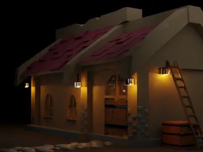 low poly house with lights on roof Low-poly 3D model