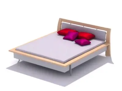 Light Wooden Bed With Purple And Red Pillows 3D model