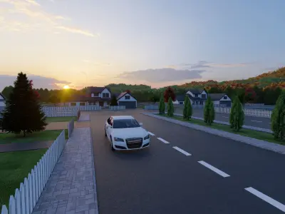 3D Neighborhood Model 8 street with houses and cars at sunset 3D model