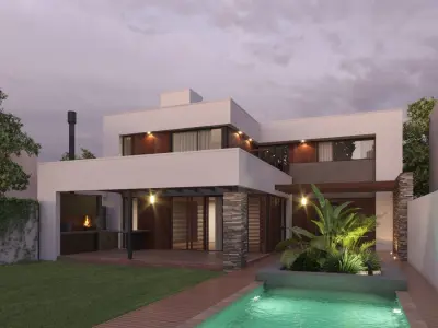 3D Modern House Ext Sunset Scene 3D model