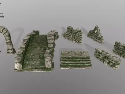 ruin set stone wall Low-poly 3D model
