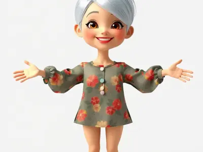 Floral Dress Character with Silver Hair  Rigged and Animated Low-poly 3D model