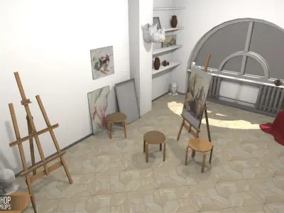 Art workshop - interior and props Low-poly 3D model