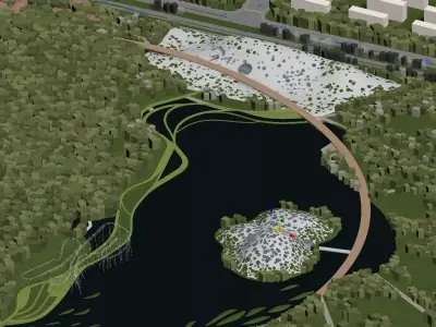 Futuristic Lakeside Park with Organic Hill Pavilions 3D model