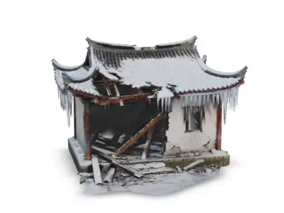 Ruined Winter Chinese Cottage - Snow Covered Hideout Low-poly 3D model
