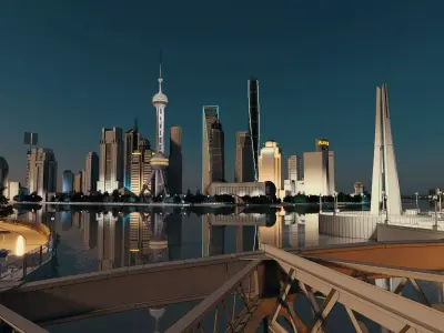 Shanghai Pudong Skyline Night Lujiazui Skyscrapers Low-poly 3D model