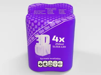 4x 250ml Sleek cans in a plastic shrinkwrap 3D model