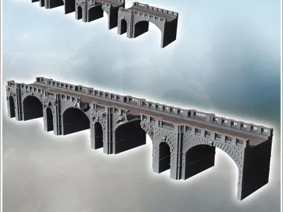 Modern modular brick bridge with multiple pillars and stone rail 3D print model