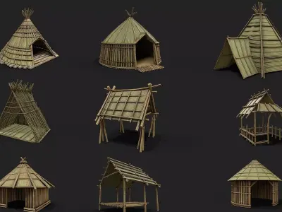 9 Bamboo Shelter Low Poly 3D Model Pack