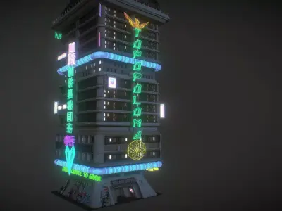 Cyber neon light atmosphere building house Low-poly 3D model