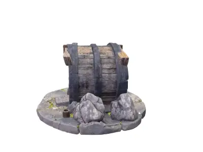 Medieval Stone Cellar Entrance with Wooden Barrel Door 3D model