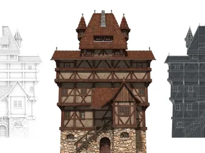 Half-timbered house from the 17th CENTURY Low-poly 3D model