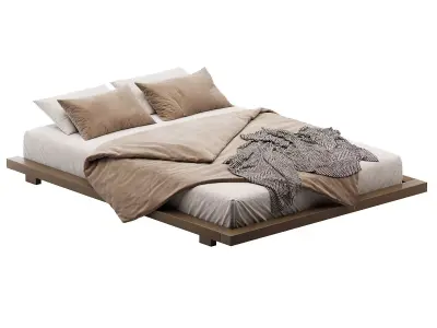 Japanese Style Walnut Queen Floor Bed Low-poly 3D model