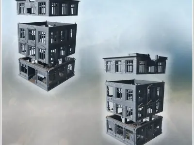 Four-story building with broken windows damaged facade and debri 3D print model