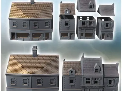 Set of four modern buildings with French bakery and ground-floor 3D print model