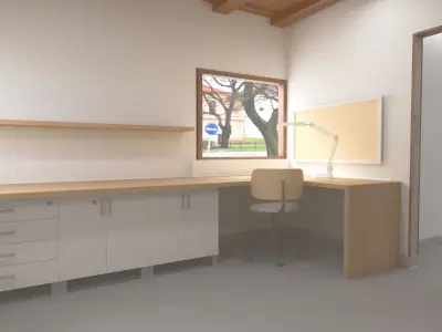 Workshop hallway with cabinets and windows 3D model