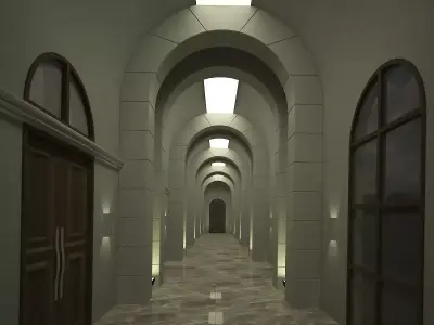 corridor hallway with arches and doors Low-poly 3D model