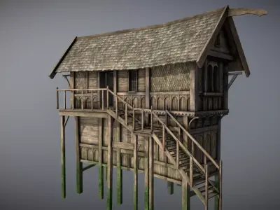 Medieval Lake Village - House 17 with interiors Low-poly 3D model