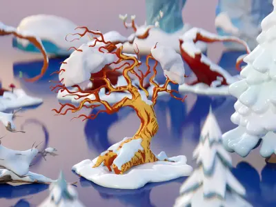 Stylized Snow-Covered Winter Nature Tree Bush Rock Low-poly 3D model