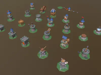 Defense Set 1 of miniature castles and towers Low-poly 3D model
