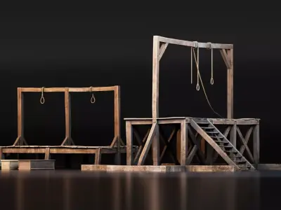 Medieval Gallows Platform with 3 Coffins Low-poly 3D model