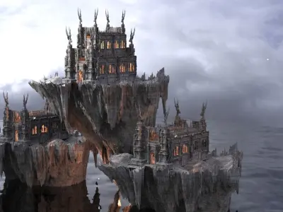 Floating Mountain and Medieval castle 2 versions 3D model