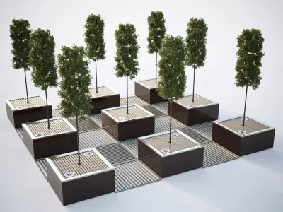 Wide flower pot  with a tree 3D model