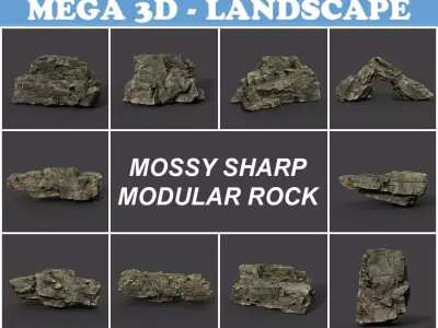 Low poly Mossy Sharp Modular Rock 211210 Low-poly 3D model
