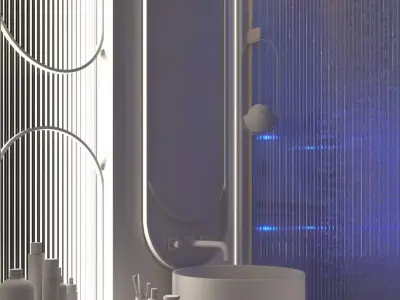 High End Modern Bathroom Interior LED Shower Dual Sinks Marble 3D model