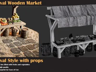 Medieval Wooden Market Pack Set 4 With Props 3D model