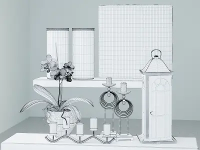 Decoration set wooden shelf with candles and potted plants 3D model