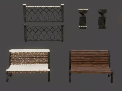 Park set of benches and lampposts 3D model