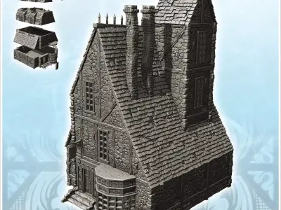 Medieval manor with English-style window roof spikes and stone t 3D print model