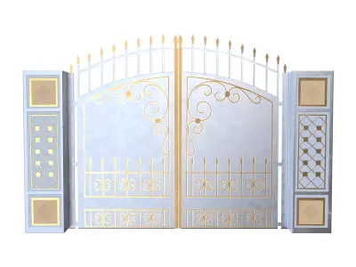 Blue Ornamental Iron Gate 3D Model Low Poly PBR Gold Details Low-poly 3D model