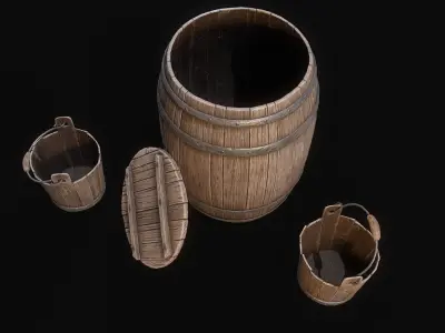 Medieval Barrels and bucket Low-poly 3D model