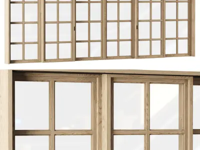 Rectangle wooden windows with doors V4 Low-poly 3D model