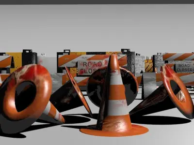 Road blocks and signs Low-poly 3D model