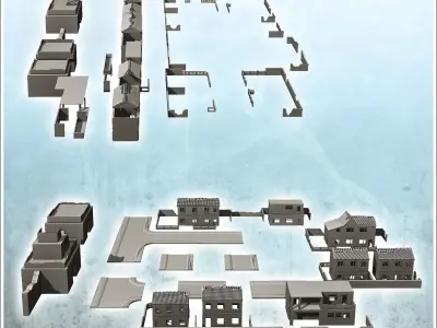 Set of ruined buildings of Hue with temple walls and roads Vietn 3D print model