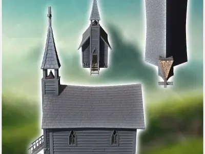 Medieval wooden chapel with a stone base and access stairs 7 - M 3D print model