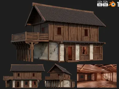 4 Old Medieval Houses Building Pack 4K Tex GameReady 97 to 100 Low-poly 3D model
