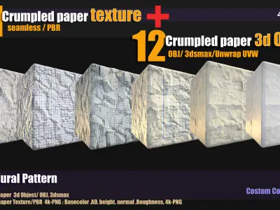 11 crumpled paper PBR texture and 12 crumpled paper 3d Object Texture