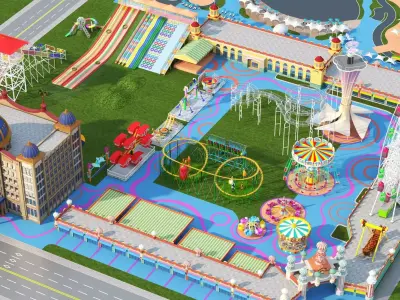 Cartoon colorful childrens theme park many amusement equipment Low-poly 3D model