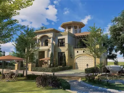Villa Exterior with Patio and Greenery 3D model