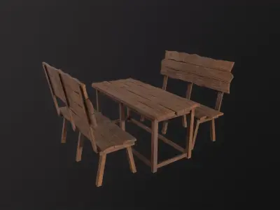 Wooden Table With Bench 3D Model Low-poly 3D model